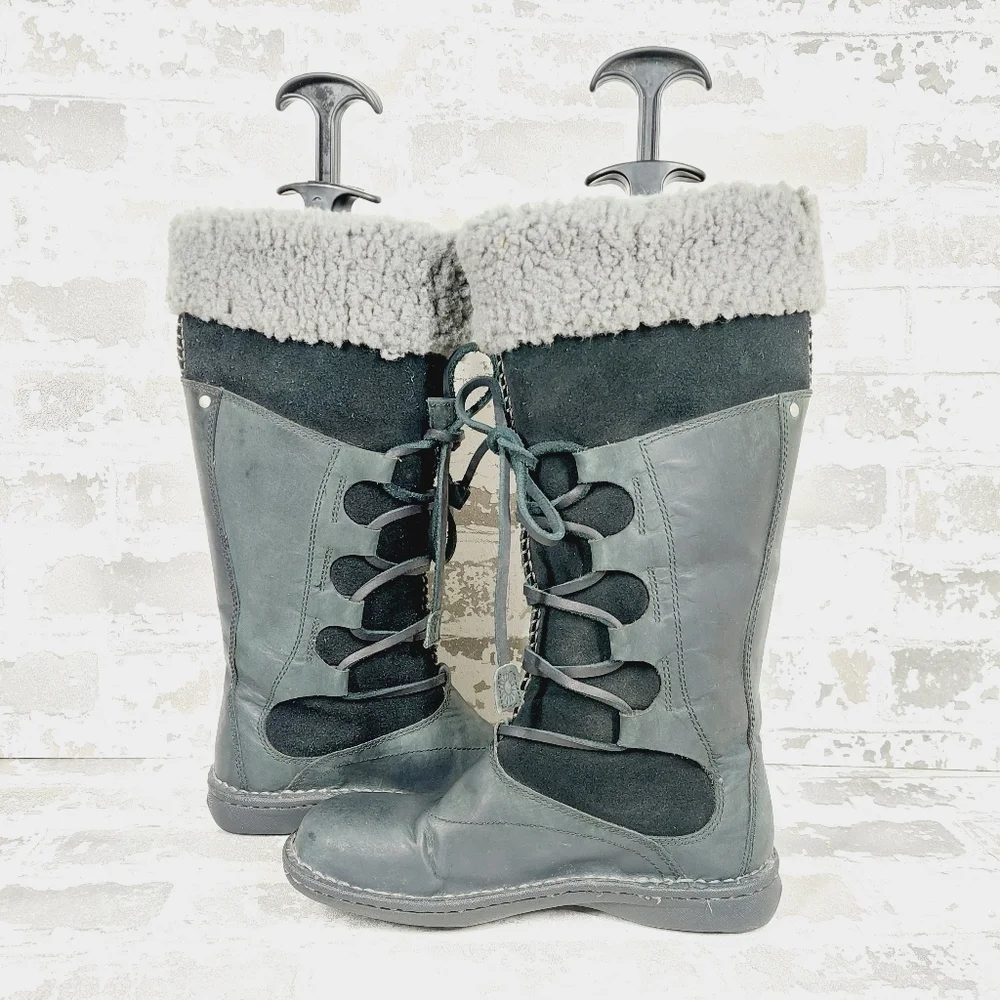 UGG Torrey Black Leather Knit Tall Pull on Winter Snow Boots V704 - Picture 4 of 12